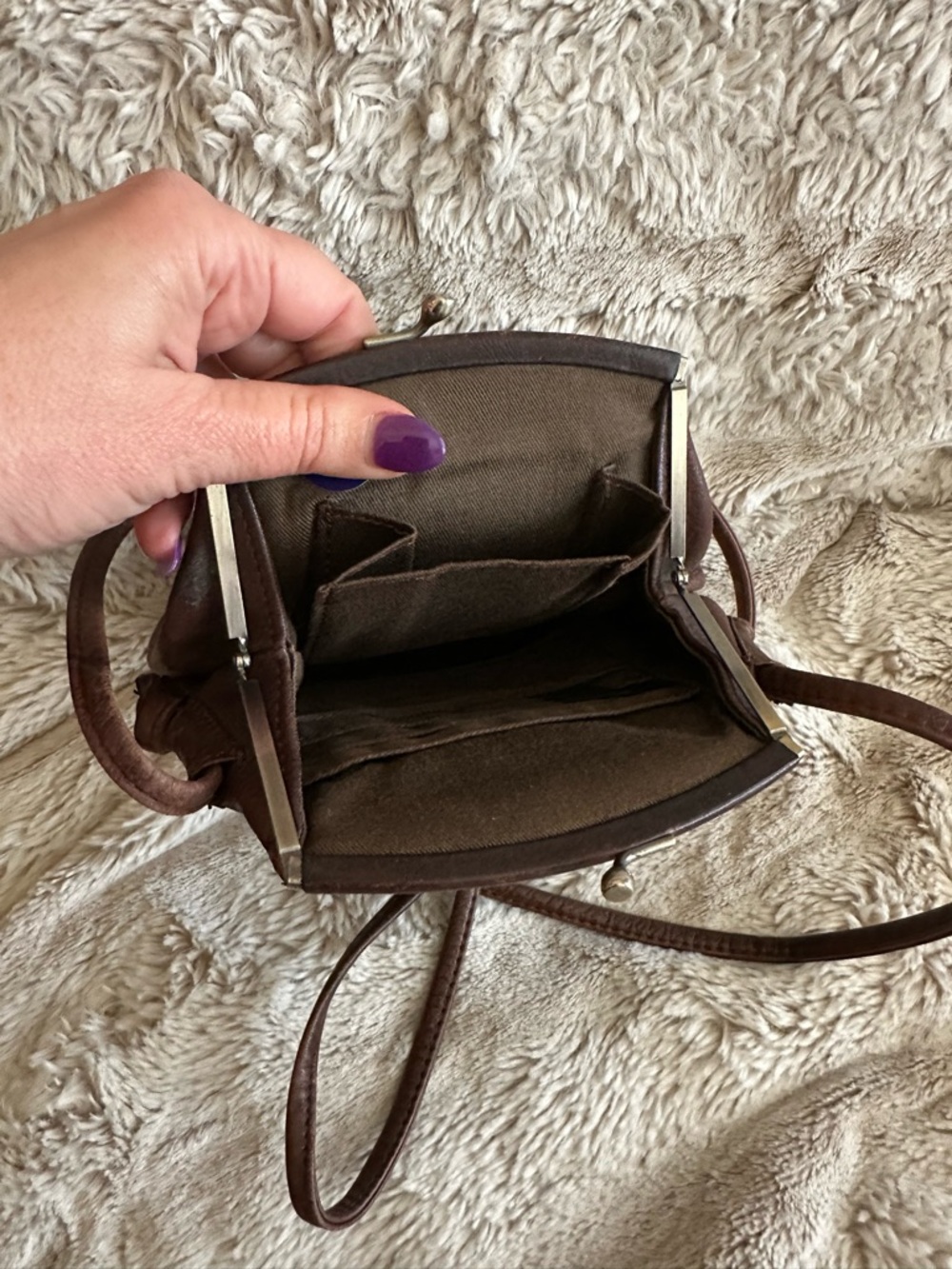 Vintage Fossil Kiss Lock Brown Leather Crossbody Bag - Picture 4 of 5